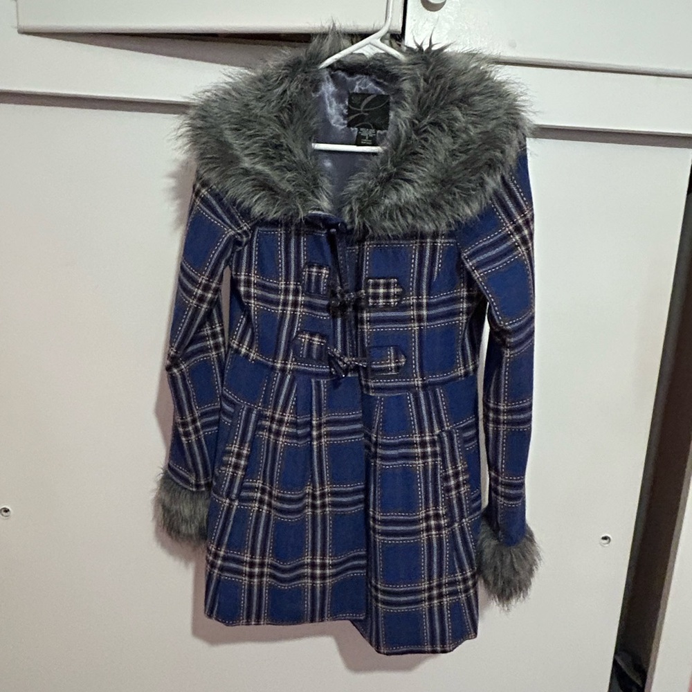 Ezekiel juniors size small retro vintage Plaid Coat with Faux Fur Trim Y2K